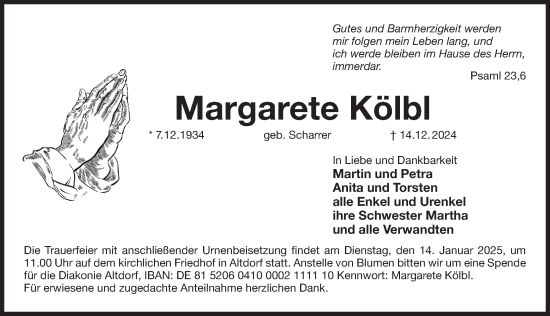 Traueranzeige von Margarete Kölbl von Der Bote