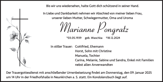 Traueranzeige von Marianne Pongratz von Pegnitz-Zeitung