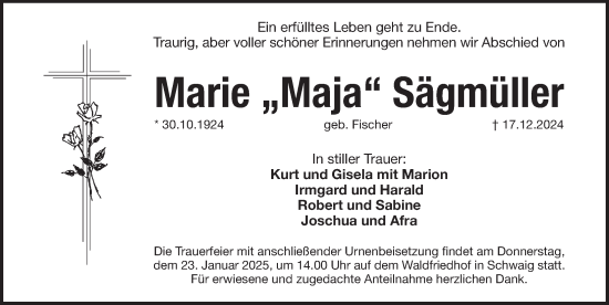 Traueranzeige von Marie Sägmüller von Pegnitz-Zeitung
