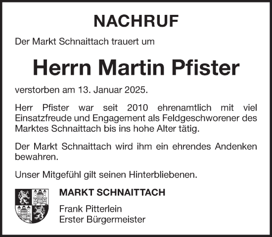 Traueranzeige von Martin Pfister von Pegnitz-Zeitung