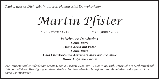 Traueranzeige von Martin Pfister von Pegnitz-Zeitung
