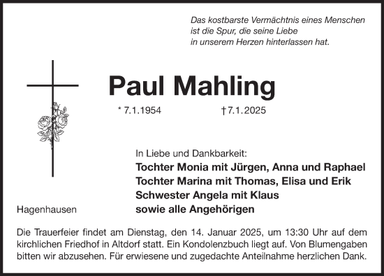 Traueranzeige von Paul Mahling von Pegnitz-Zeitung