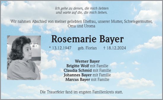 Traueranzeige von Rosemarie Bayer von Hersbrucker Zeitung Lokal