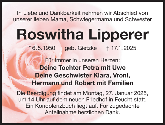 Traueranzeige von Roswitha Lipperer von Der Bote