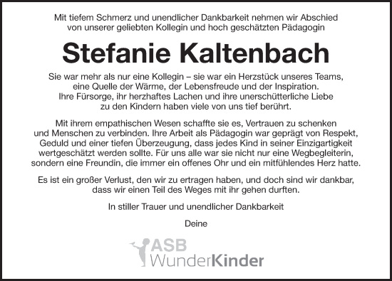Traueranzeige von Stefanie Kaltenbach von Der Bote