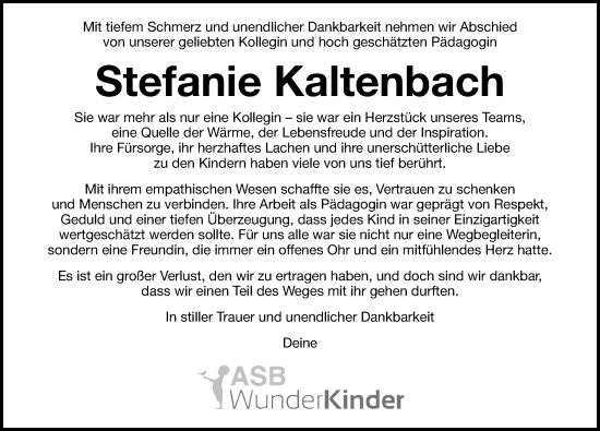 Traueranzeige von Stefanie Kaltenbach von Hersbrucker Zeitung Lokal