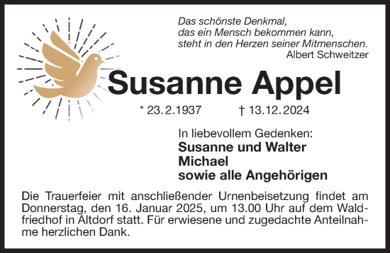 Traueranzeige von Susanne Appel von Der Bote