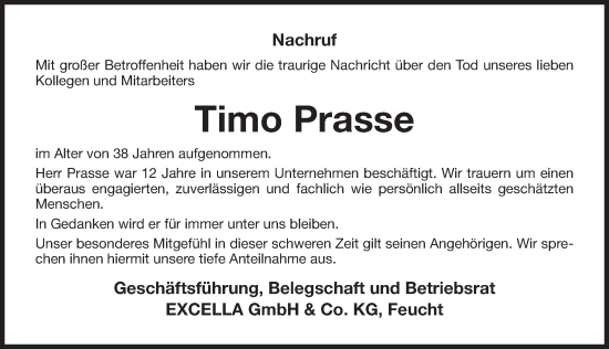 Traueranzeige von Timo Prasse von Der Bote