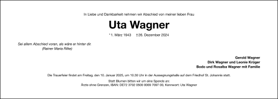 Traueranzeige von Uta Wagner von Pegnitz-Zeitung