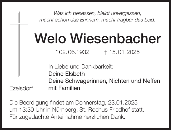 Traueranzeige von Welo Wiesenbacher von Der Bote