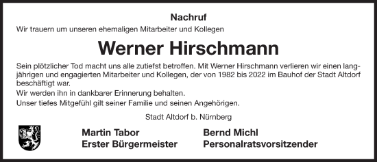 Traueranzeige von Werner Hirschmann von Der Bote