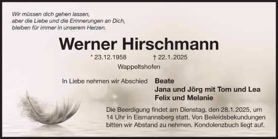 Traueranzeige von Werner Hirschmann von Der Bote