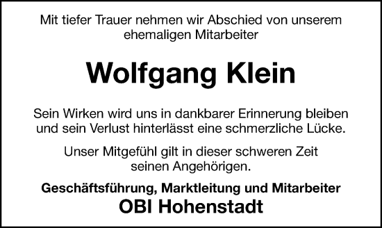Traueranzeige von Wolfgang Klein von Hersbrucker Zeitung Lokal