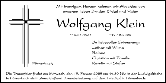 Traueranzeige von Wolfgang Klein von Hersbrucker Zeitung Lokal