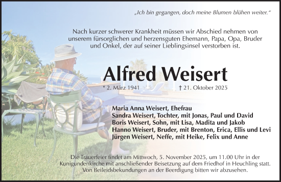 Traueranzeige von Alfred Weisert von Pegnitz-Zeitung