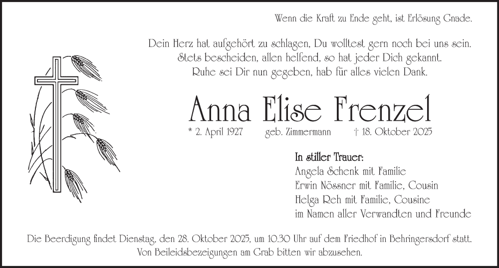  Traueranzeige für Anna Elise Frenzel vom 25.10.2025 aus Pegnitz-Zeitung