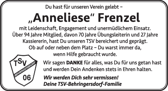 Traueranzeige von Anneliese Frenzel von Pegnitz-Zeitung