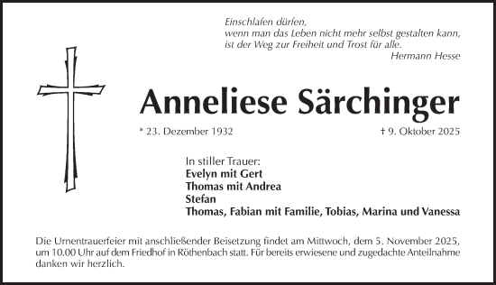 Traueranzeige von Anneliese Särchinger von Pegnitz-Zeitung