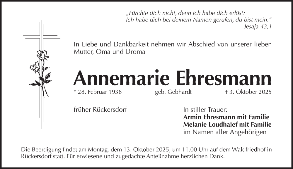  Traueranzeige für Annemarie Ehresmann vom 11.10.2025 aus Pegnitz-Zeitung