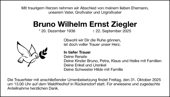 Traueranzeige von Bruno Wilhelm Ernst Ziegler von Pegnitz-Zeitung