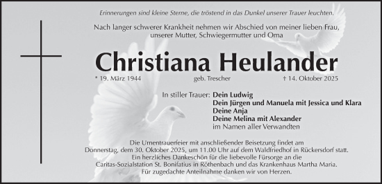 Traueranzeige von Christiana Heulander von Pegnitz-Zeitung