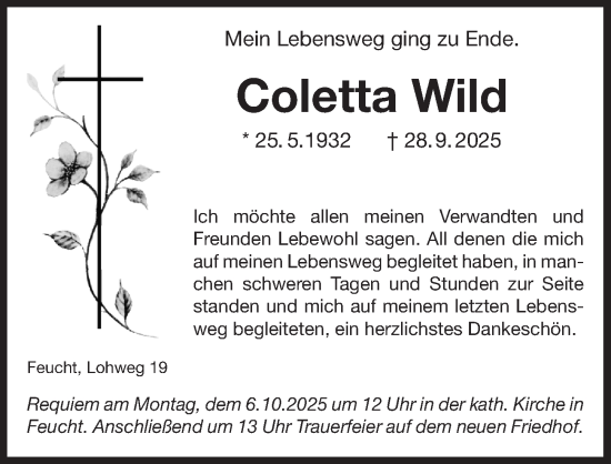Traueranzeige von Coletta Wild von Der Bote