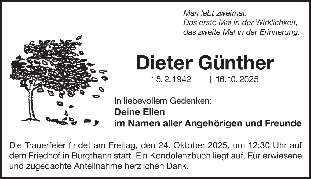  Traueranzeige für Dieter Günther vom 21.10.2025 aus Der Bote