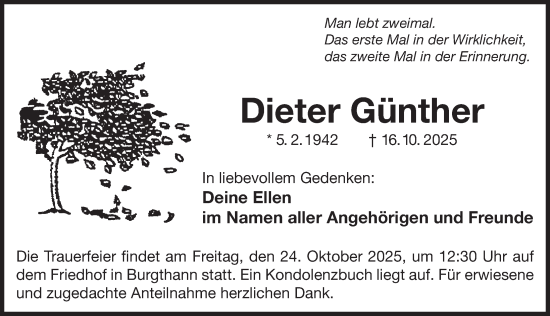 Traueranzeige von Dieter Günther von Der Bote