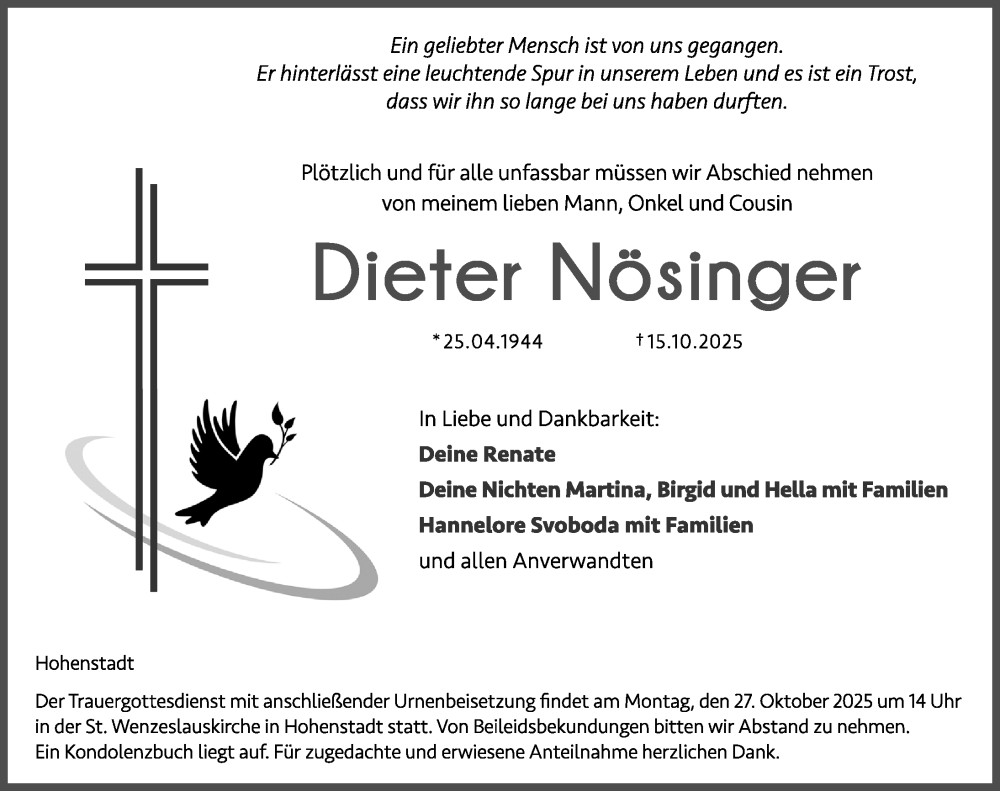  Traueranzeige für Dieter Nösinger vom 25.10.2025 aus Hersbrucker Zeitung Lokal