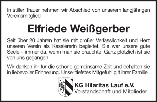 Traueranzeige von Elfriede Weißgerber von Pegnitz-Zeitung
