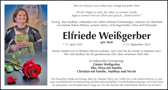 Traueranzeige von Elfriede Weißgerber von Pegnitz-Zeitung