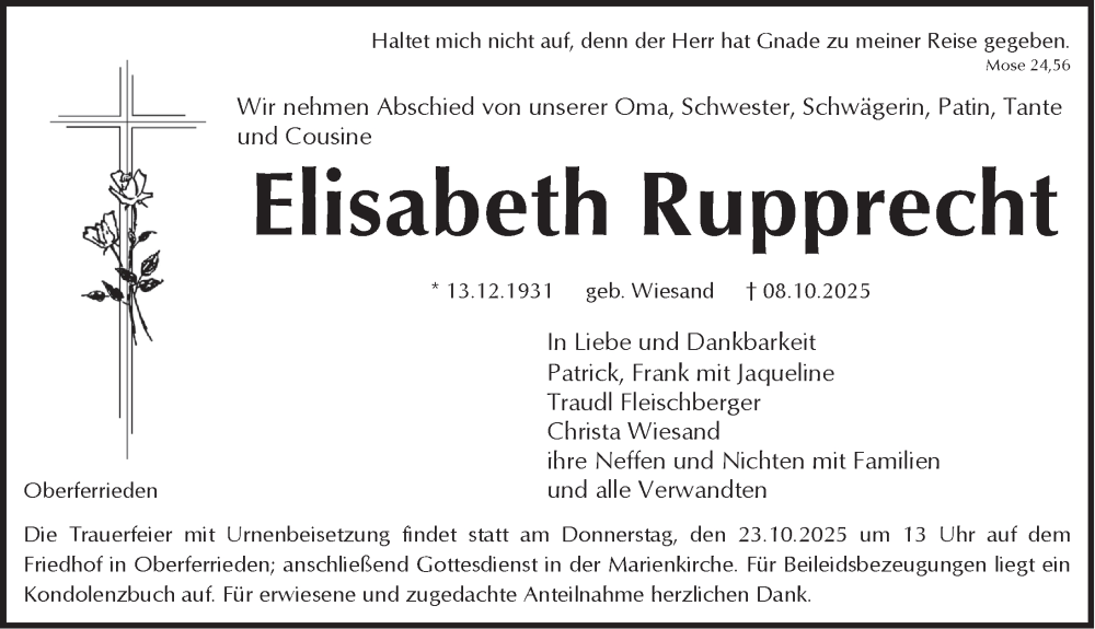  Traueranzeige für Elisabeth Rupprecht vom 18.10.2025 aus Der Bote