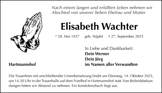 Traueranzeige von Elisabeth Wachter von Hersbrucker Zeitung Lokal