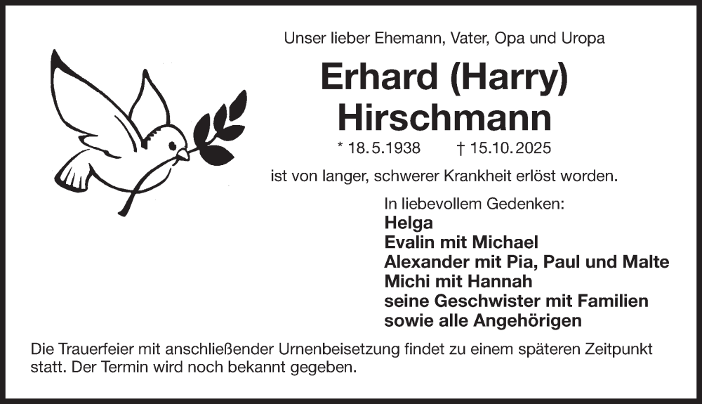  Traueranzeige für Erhard Hirschmann vom 18.10.2025 aus Der Bote