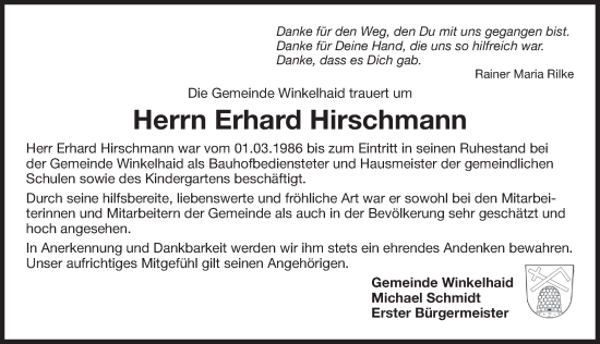 Traueranzeige von Erhard Hirschmann von Der Bote