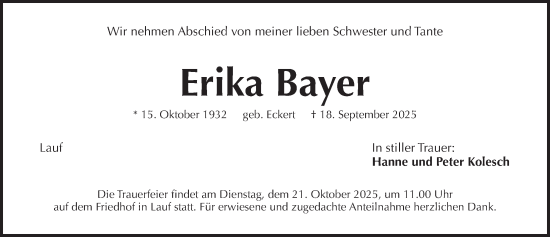 Traueranzeige von Erika Bayer von Pegnitz-Zeitung