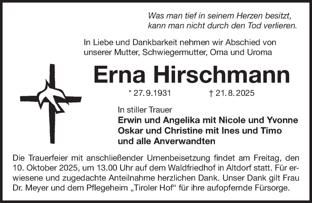  Traueranzeige für Erna Hirschmann vom 04.10.2025 aus Der Bote