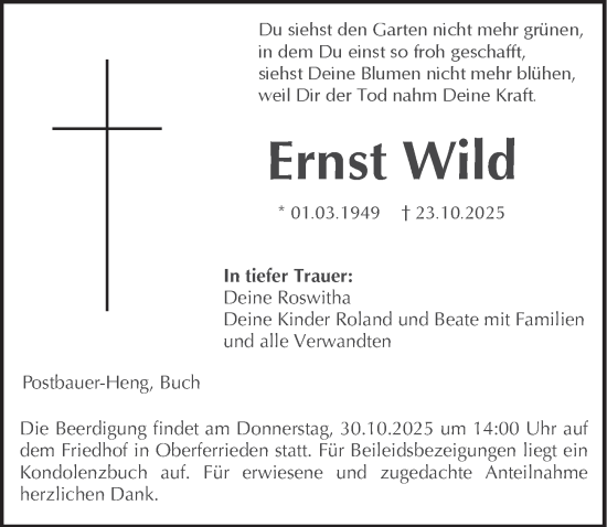 Traueranzeige von Ernst Wild von Der Bote