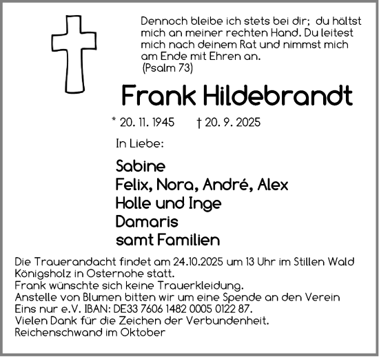 Traueranzeige von Frank Hildebrandt von Hersbrucker Zeitung Lokal