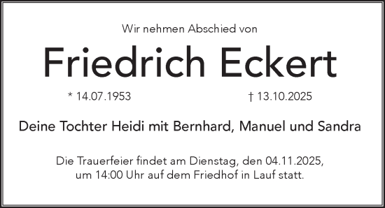 Traueranzeige von Friedrich Eckert von Pegnitz-Zeitung