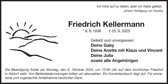 Traueranzeige von Friedrich Kellermann von Der Bote