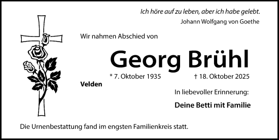 Traueranzeige von Georg Brühl von Hersbrucker Zeitung Lokal