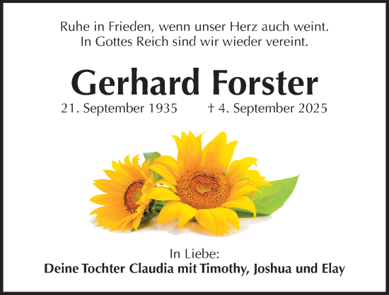 Traueranzeige von Gerhard Forster von Pegnitz-Zeitung