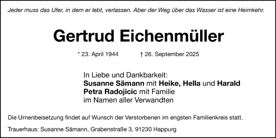 Traueranzeige von Gertrud Eichenmüller von Hersbrucker Zeitung Lokal
