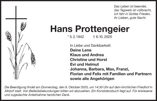 Traueranzeige von Hans Prottengeier von Der Bote