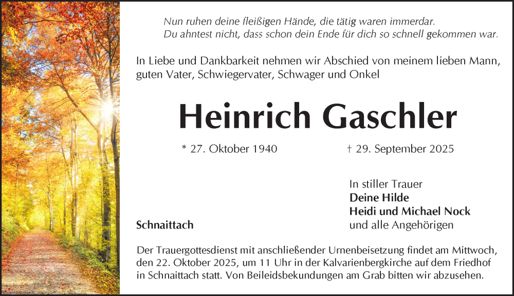  Traueranzeige für Heinrich Gaschler vom 18.10.2025 aus Pegnitz-Zeitung
