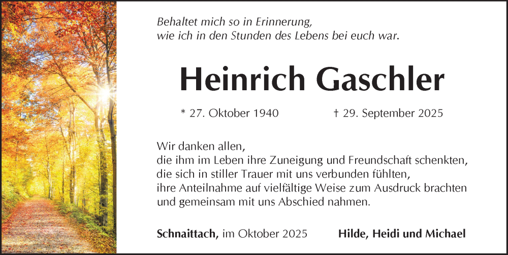  Traueranzeige für Heinrich Gaschler vom 31.10.2025 aus Pegnitz-Zeitung