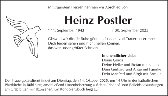 Traueranzeige von Heinz Postler von Pegnitz-Zeitung