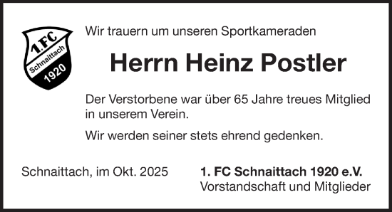 Traueranzeige von Heinz Postler von Pegnitz-Zeitung