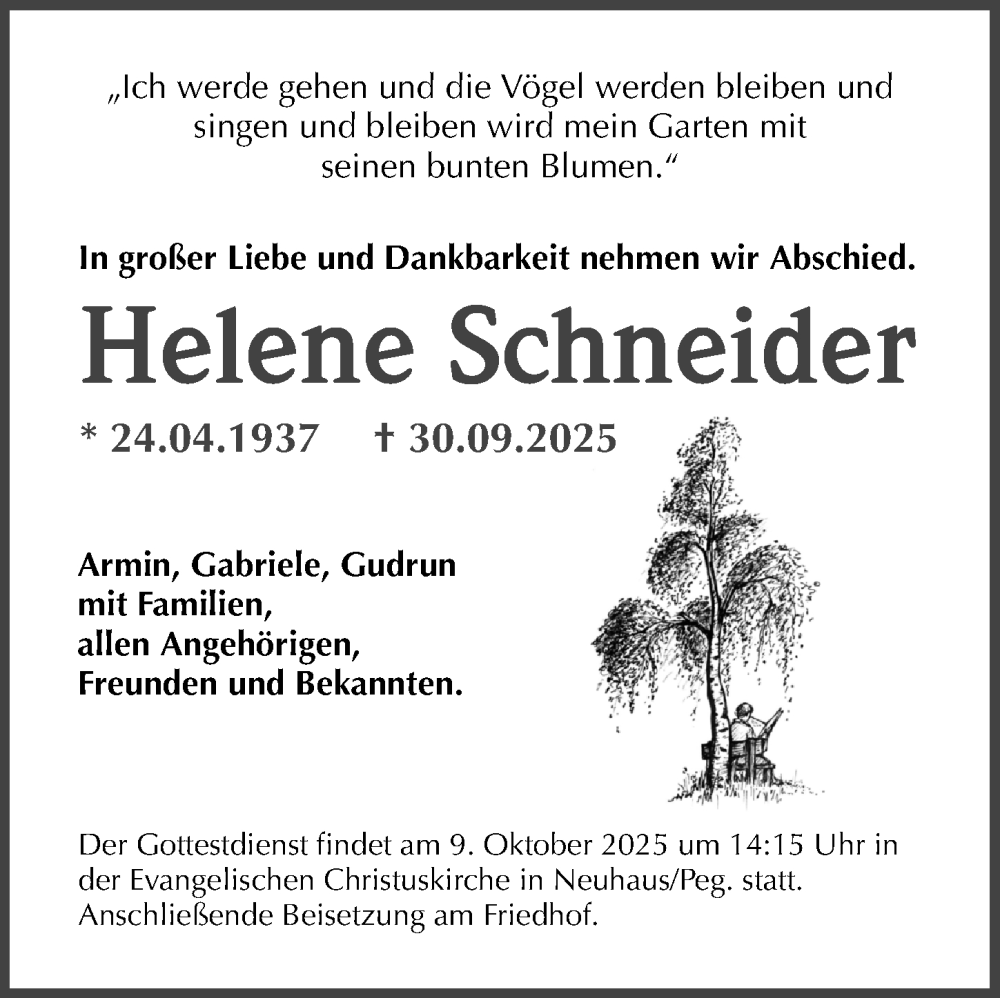  Traueranzeige für Helene Schneider vom 04.10.2025 aus Hersbrucker Zeitung Lokal